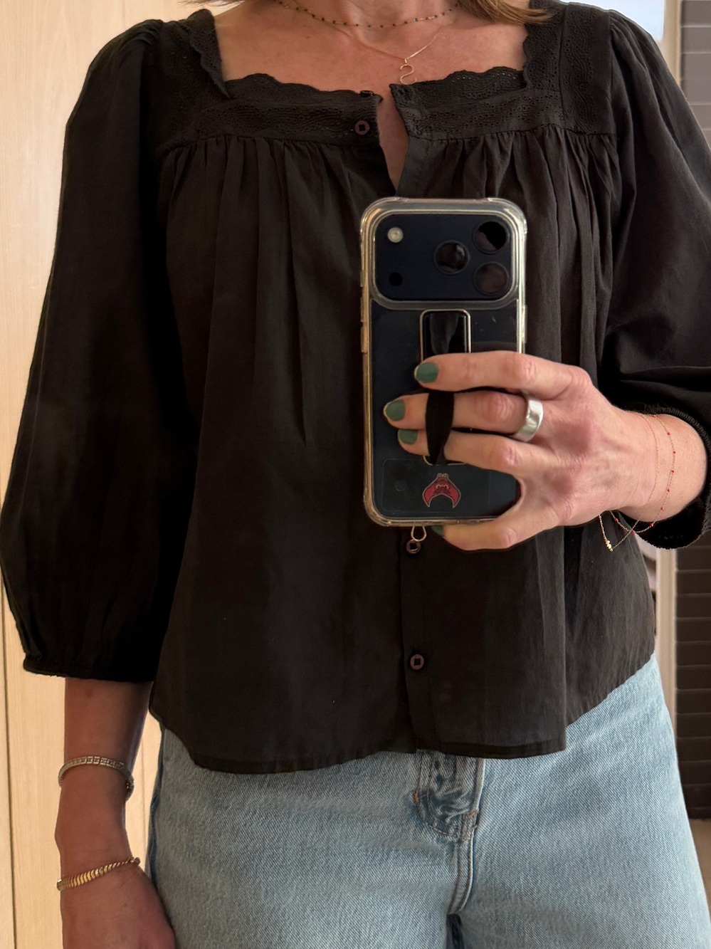 THE GREAT. Black Eyelet Square-Neck Button-Up Blouse - Picture 5 of 5